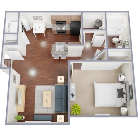 A top-down view of a modern apartment layout with a living room, kitchen, and bedroom.